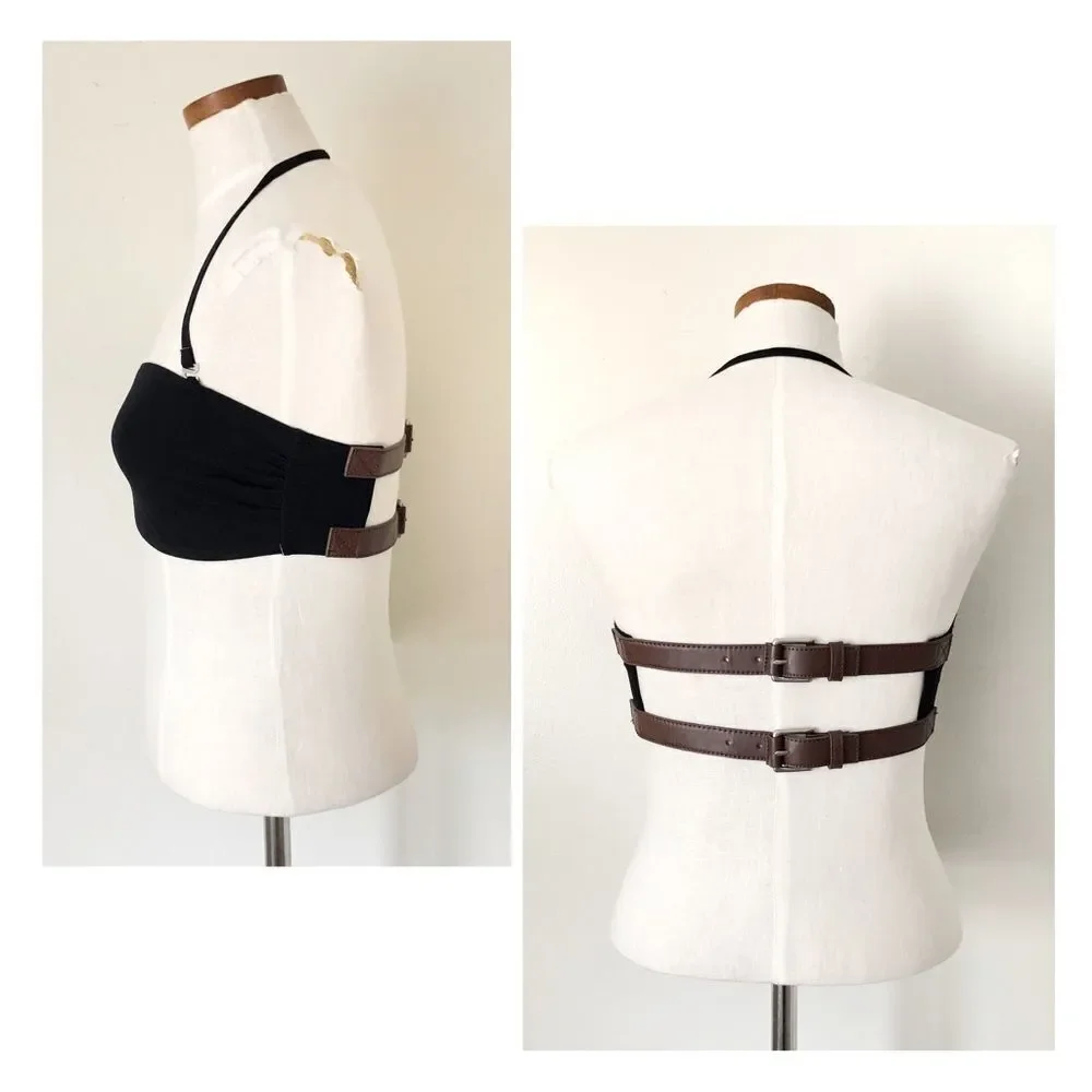 Grungecore Michael Kors Black halter swimsuit top size 10 leather buckle